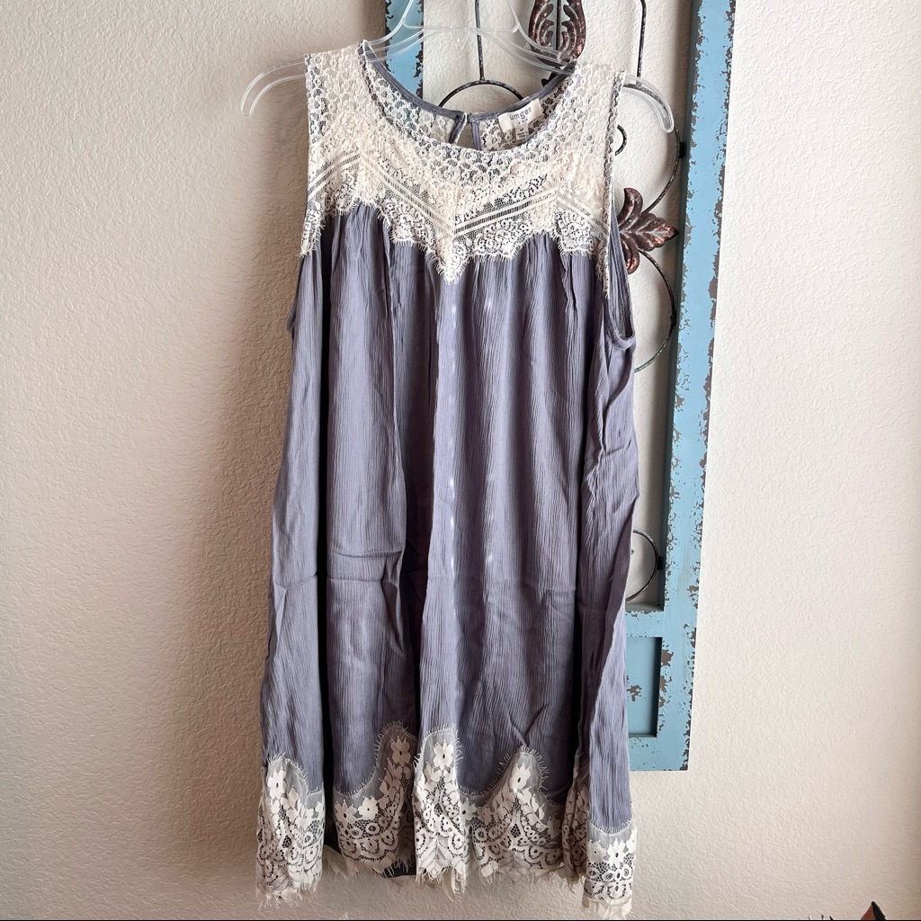 Umgee Sleeveless Dress, Lace Detailing, Blue/Grey, Nwt
